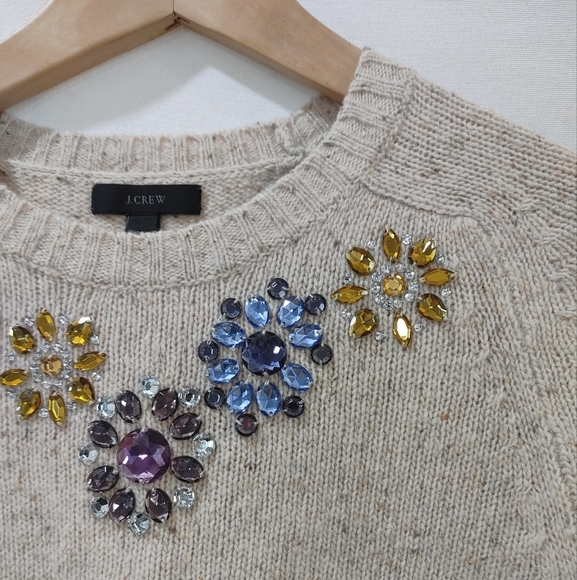 J. Crew Jeweled Neck Sweater Natural Wool Blend Oatmeal Cream XS Crew pullover - Picture 7 of 8